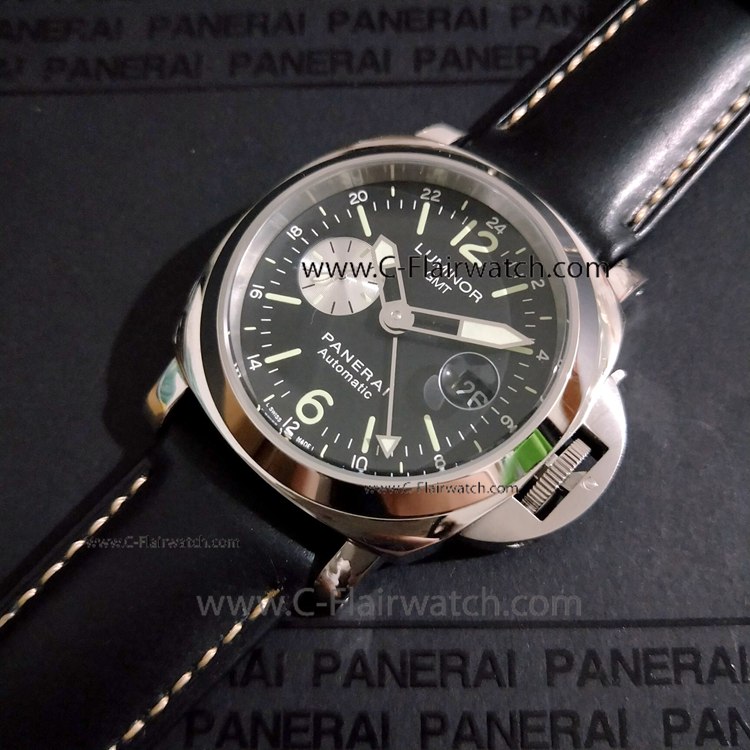 Fake Panerai PAM 088 Luminor GMT Watch SS Black Leather Strap
